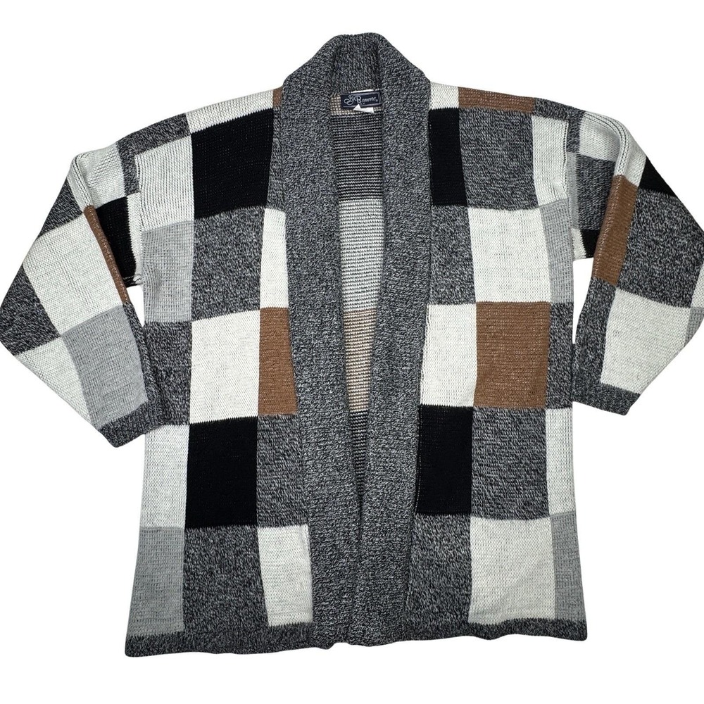 Vintage J.J. Browne USA Patchwork Cardigan Sweater Gray‎ Black Tan Knit XL